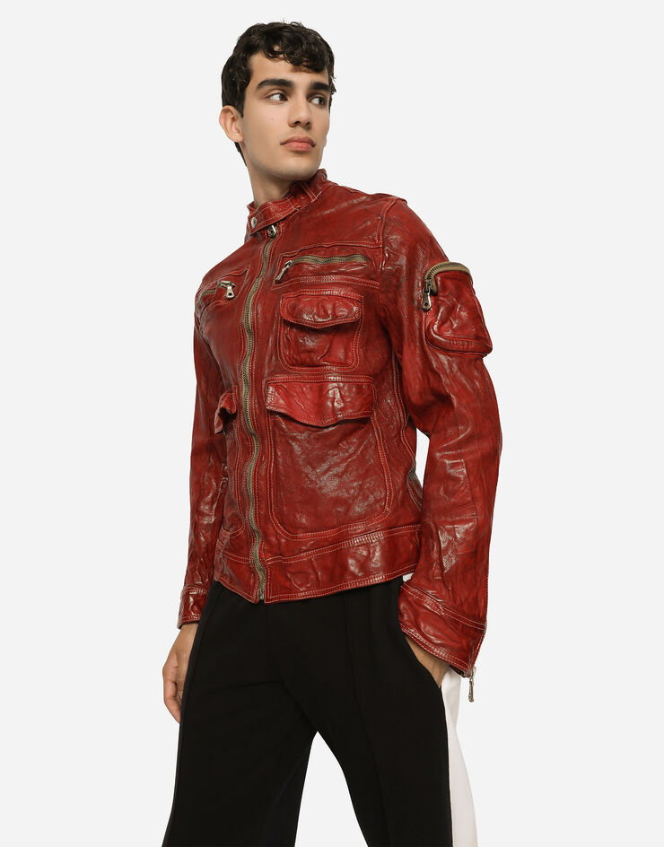 Dolce & Gabbana Multitaschen-Jacke aus gewaschenem Leder Burgunderrot G9AHMLGG133