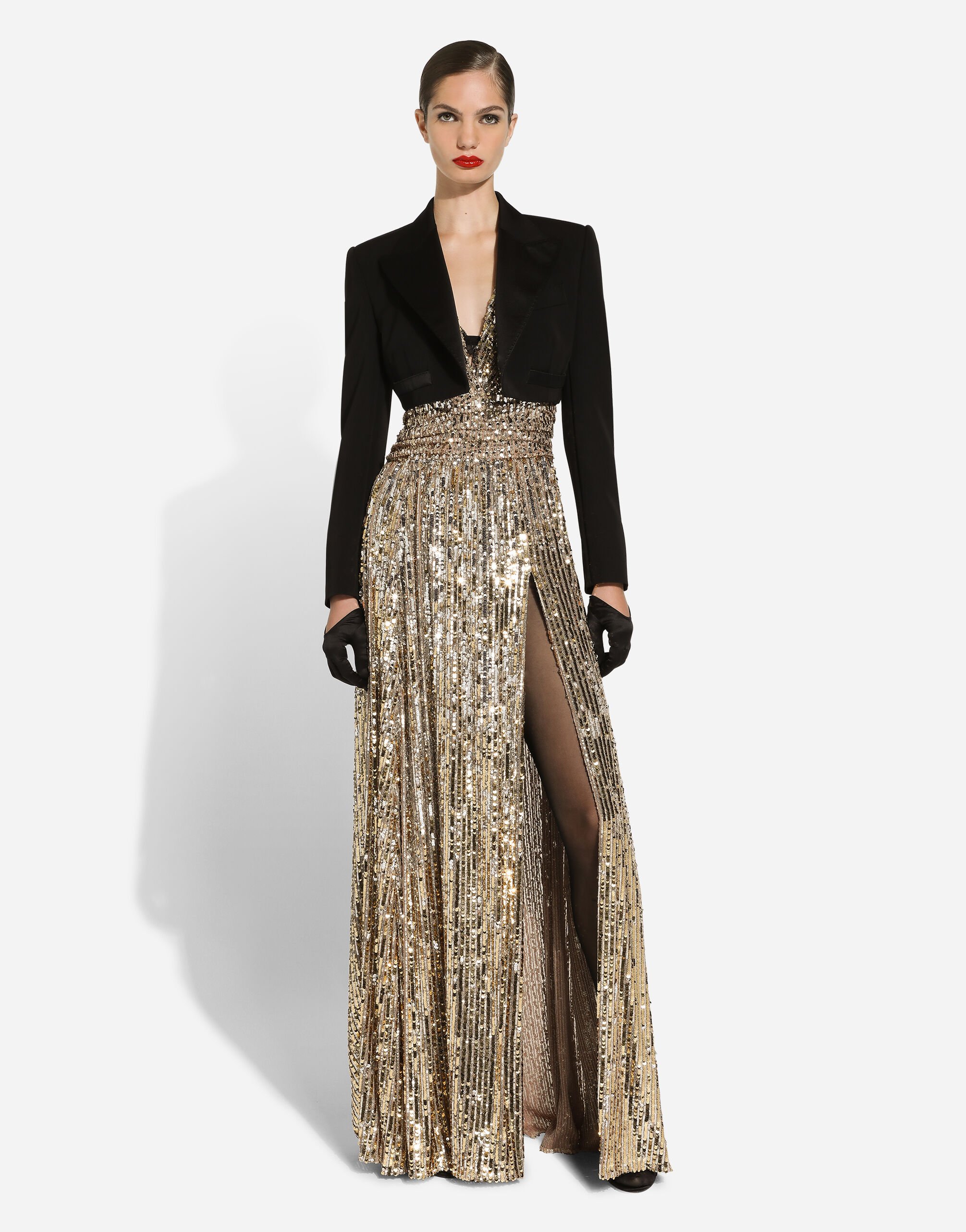 Long sequined dress with slit in Gold for Women | Dolce&Gabbana® US