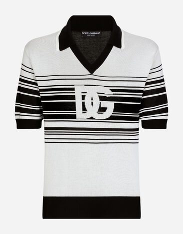 Dolce & Gabbana DG 로고 자카드 브이넥 실크 폴로 셔츠 블랙 G2PS2THJMOW