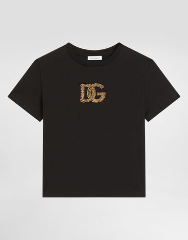Dolce & Gabbana T-shirt in jersey con logo DG in termostrass Nero L5JTOXG7PMB