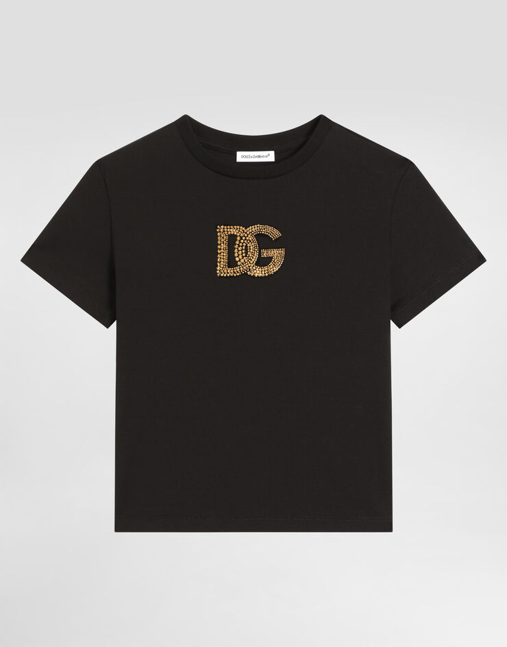 Dolce & Gabbana T-shirt in jersey con logo DG in termostrass Dolce & Gabbana T-shirt in jersey con logo DG in termostrass Nero L5JTOXG7PMB