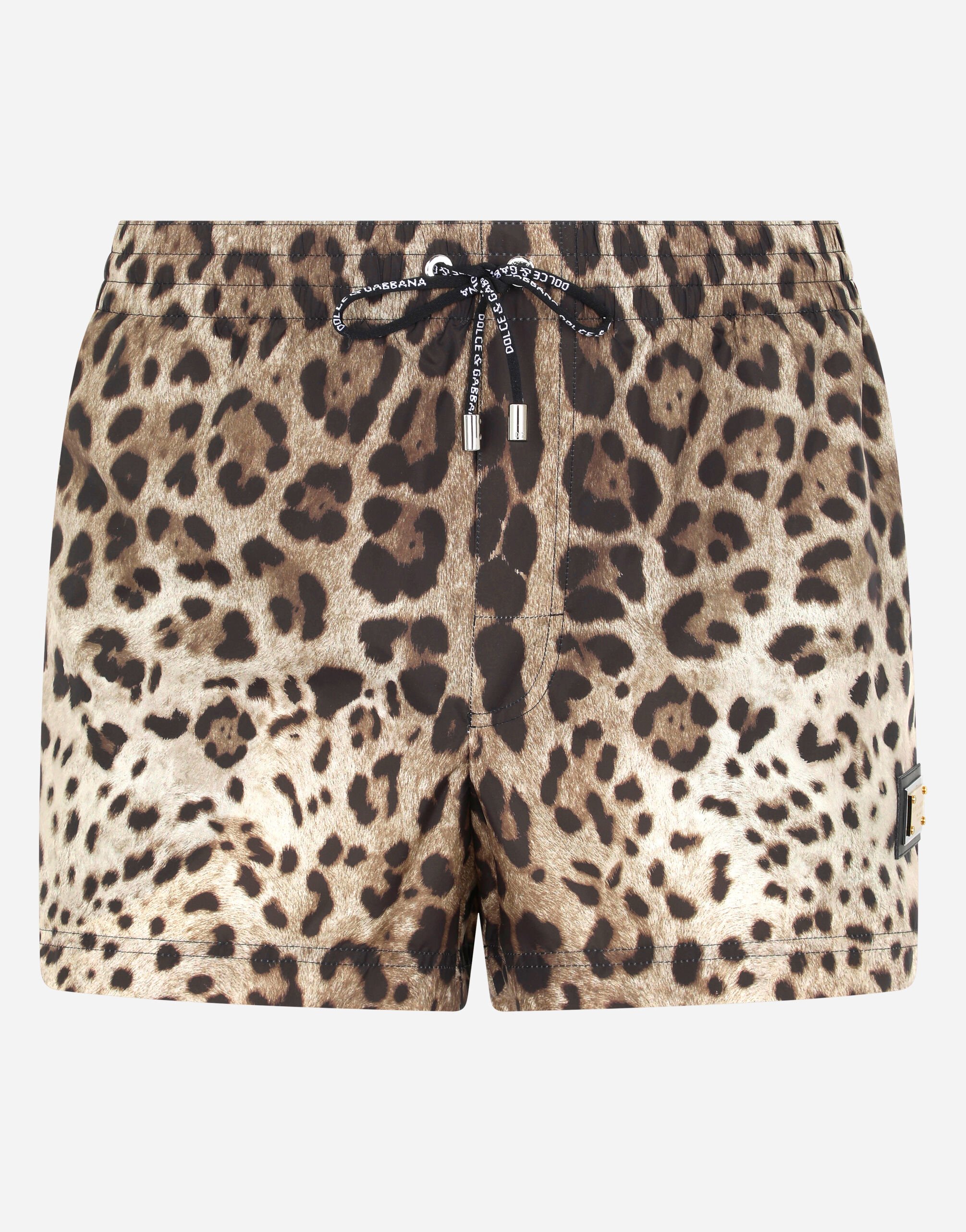 Dolce & Gabbana Short leopard-print swim trunks with plate Animal Print M4E47TONO07
