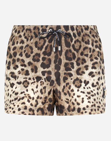 Dolce & Gabbana Short leopard-print swim trunks with plate Animal Print M4E47TONO07