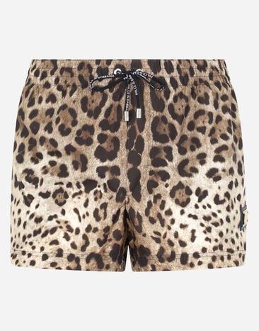 Dolce & Gabbana Short leopard-print swim trunks with plate Multicolor M4A06THSMW8
