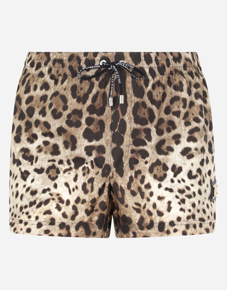 Dolce & Gabbana Short leopard-print swim trunks with plate Multicolor M4A06THSMW8