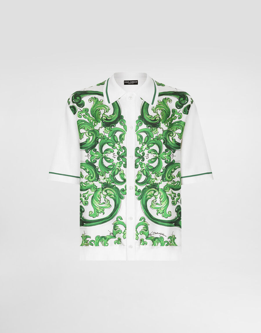 Oversize silk and yarn shirt with majolica print