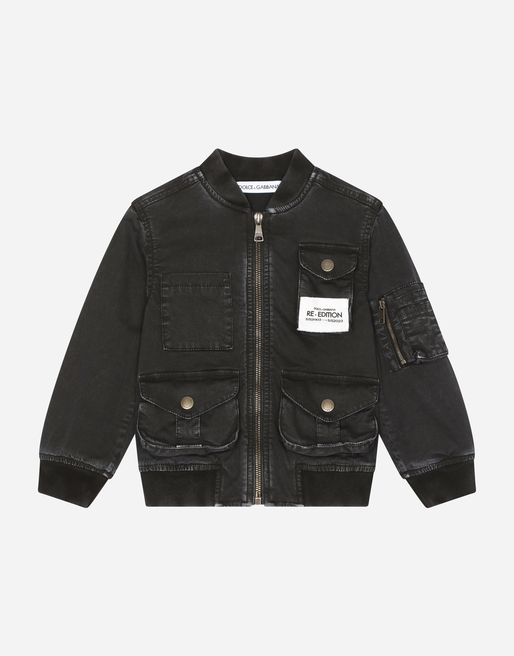 Garment dyed stretch cotton bomber jacket in Black for