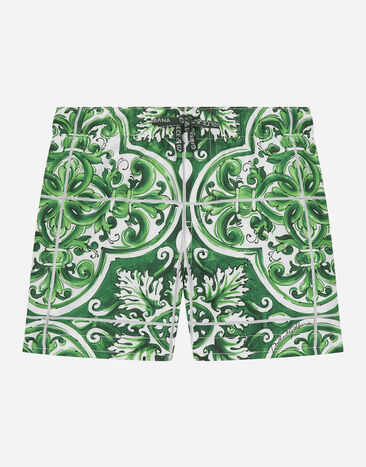 Dolce & Gabbana Nylon swim trunks with green majolica print Blue L1J818ON03Y