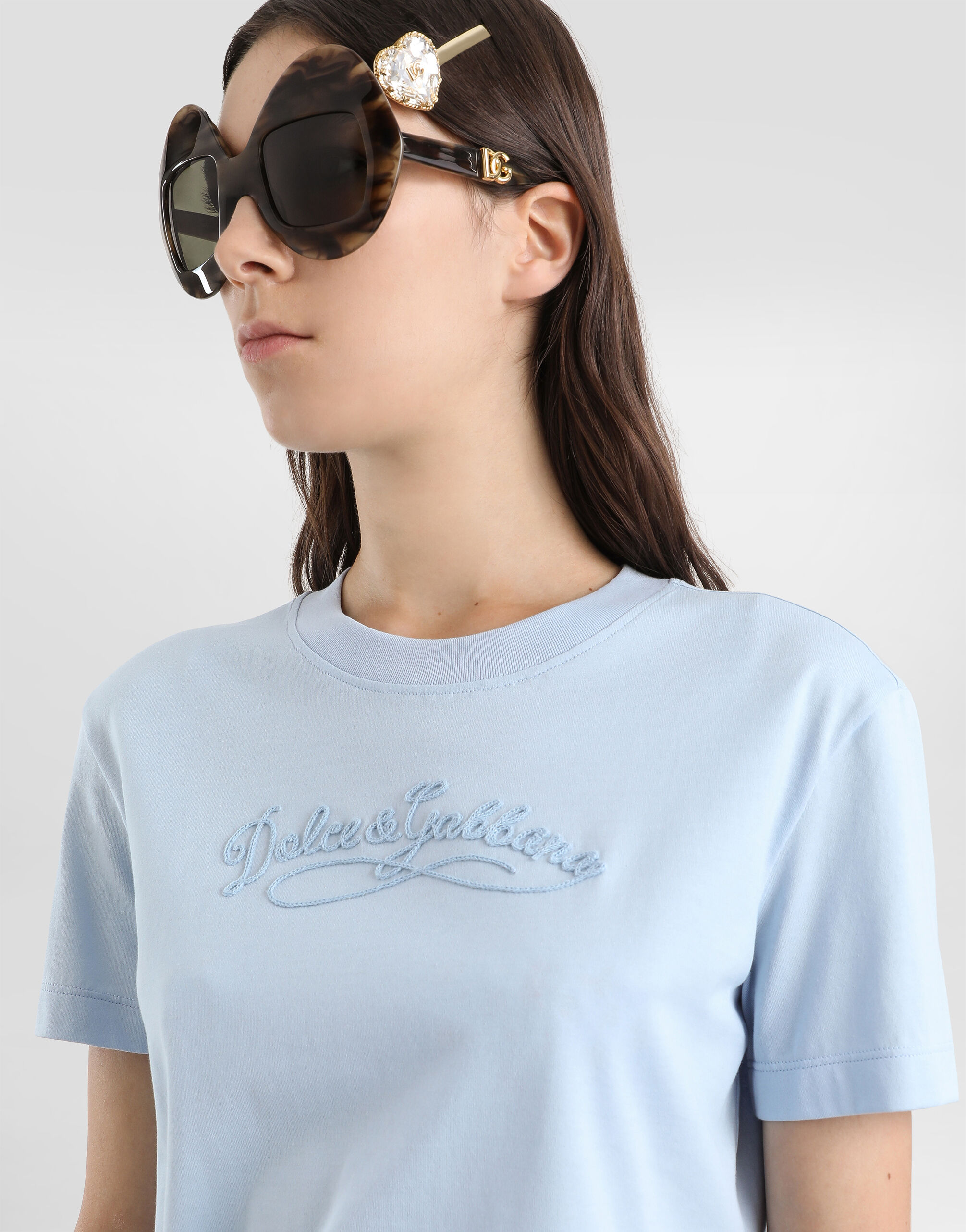 Jersey t-shirt with embroidery in Azure for Women | Dolce&Gabbana® US