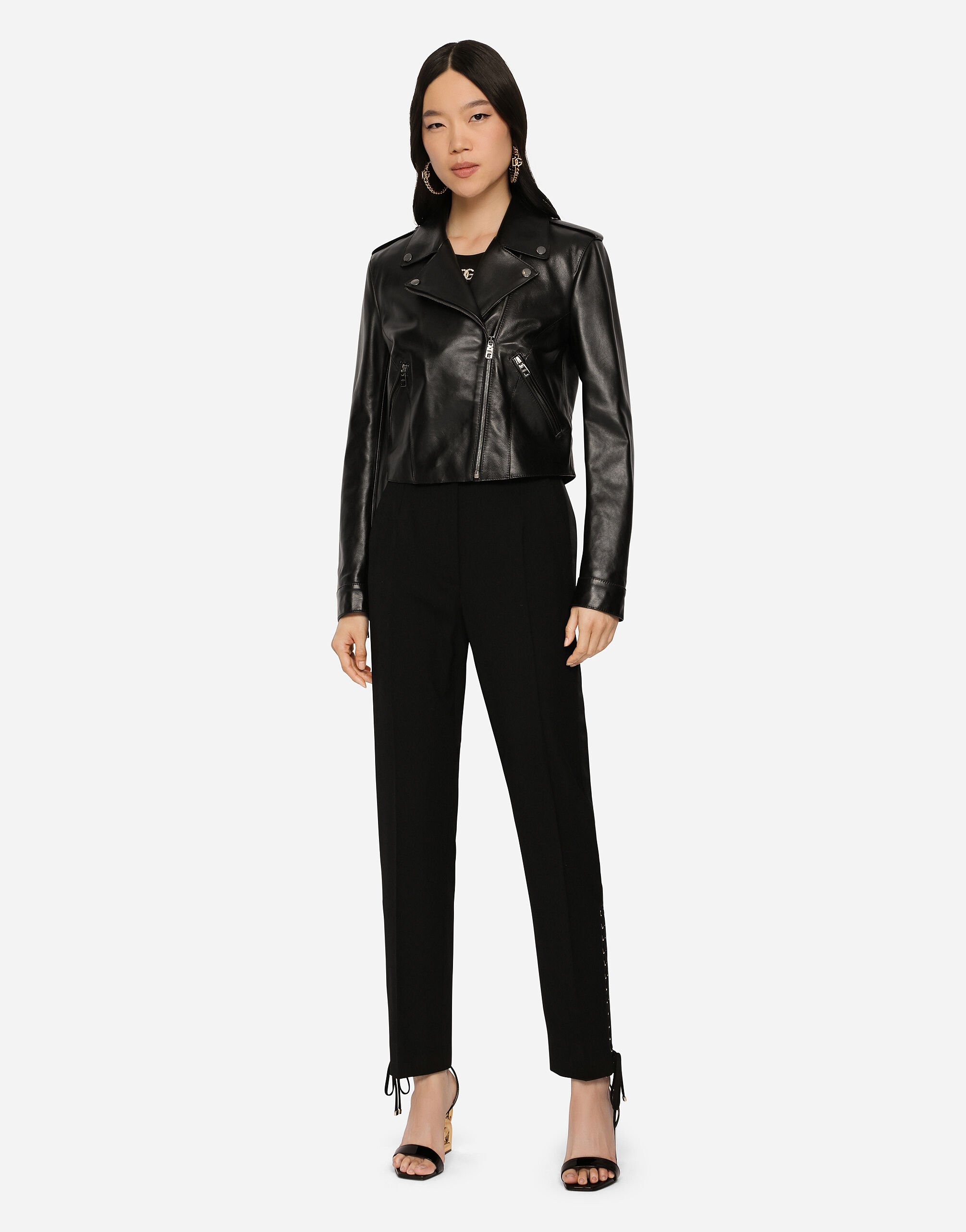 Leather biker jacket with tab details in Black for Women | Dolce&Gabbana® US