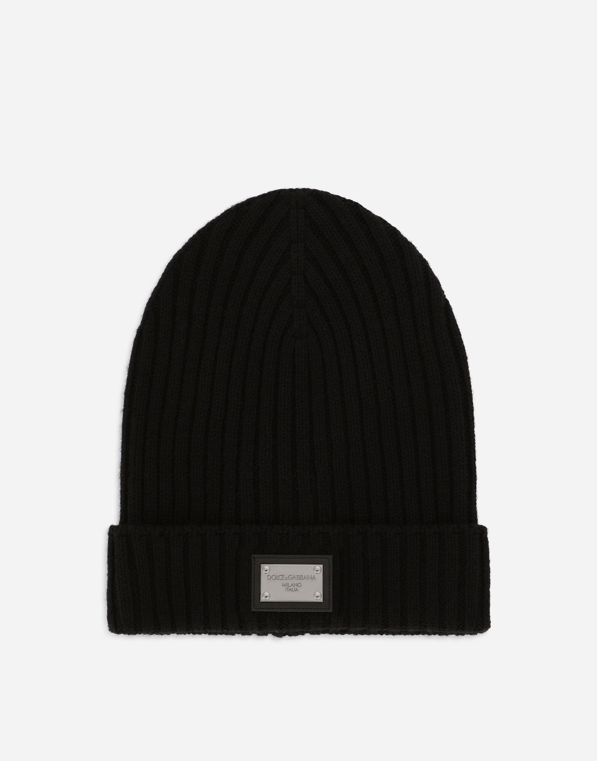 Dolce & Gabbana Ribbed knit hat with logo tag Black EM0125AB205