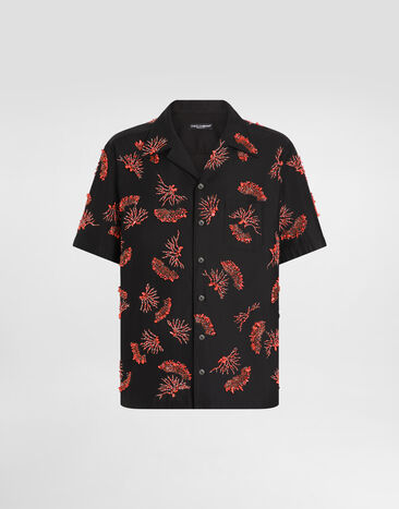 Dolce & Gabbana Short-sleeved cotton shirt with coral embroidery Multicolor G5MX5TFSA5W