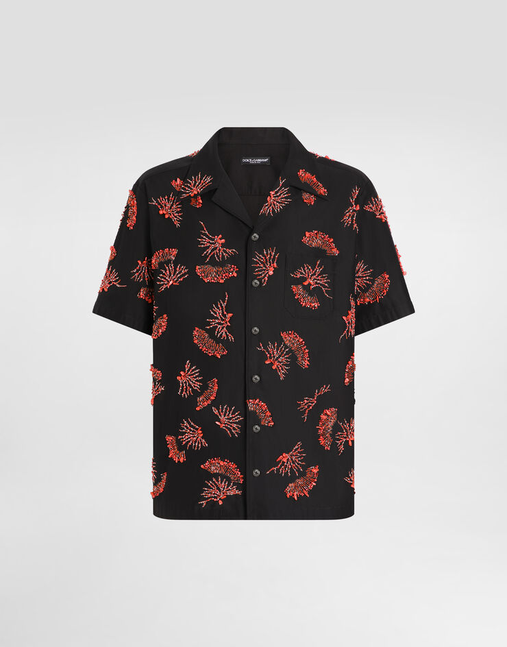Dolce & Gabbana Camisa de manga corta de algodón con bordado de corales Negro G5JH9ZFU6X8