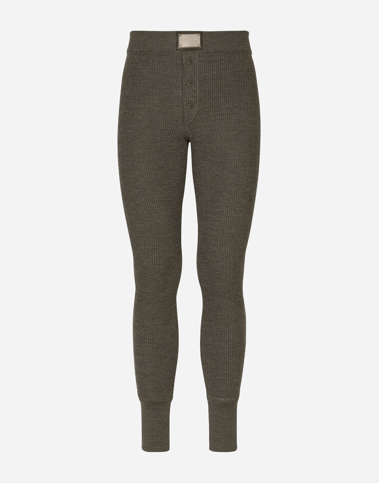 Wool fine-rib leggings with logo tag in Grey for