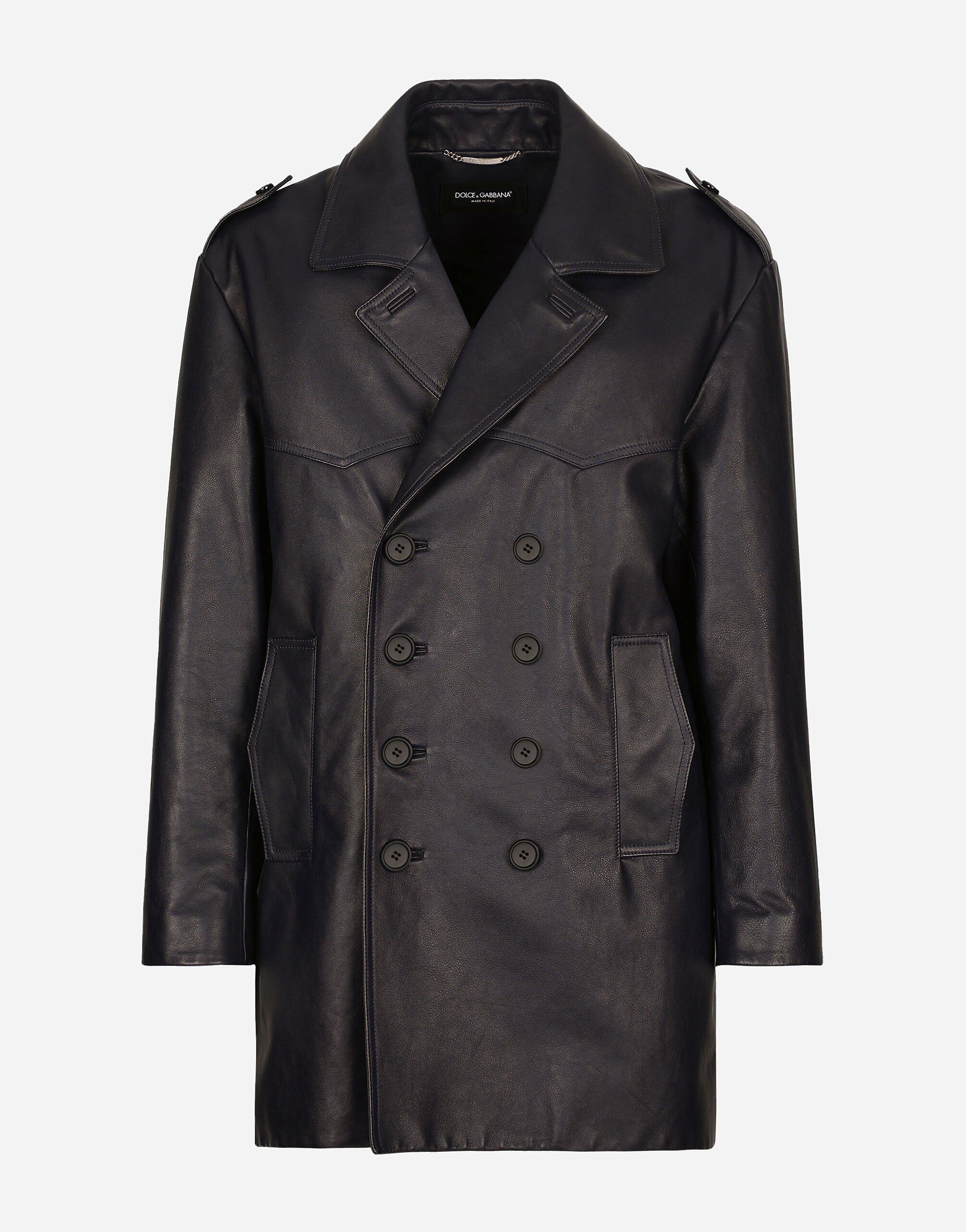 Dolce & Gabbana Double-breasted leather pea coat Blue G9ARNTFUM7U