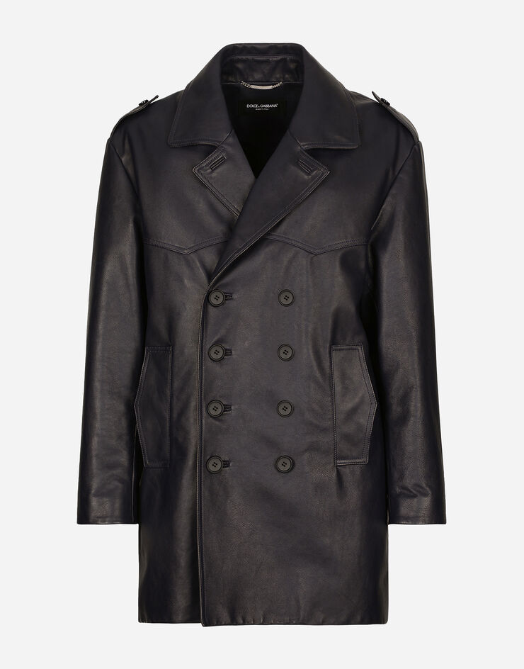 Double-breasted leather pea coat in for | US Blue Dolce&Gabbana®