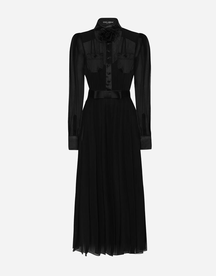 Dolce & Gabbana Robe-chemise mi-longue en mousseline avec détails en satin Noir F6IAJTFU1AT
