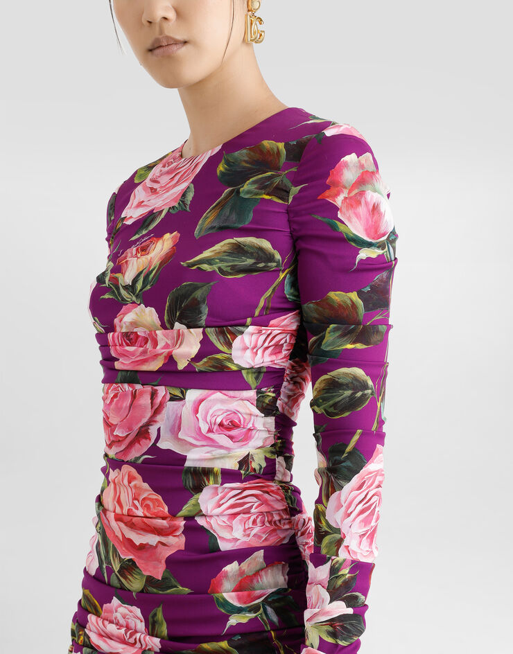 Dolce & Gabbana Charmeuse midi sheath dress with draping and rose print Print F6TLTTFSA7A