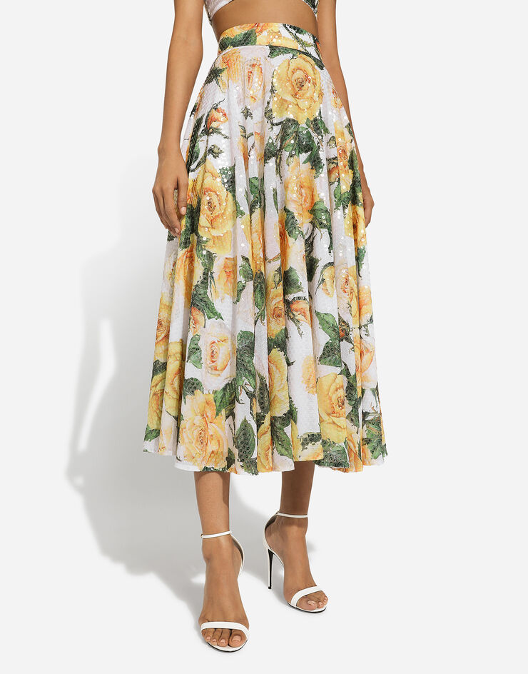 Dolce & Gabbana Sequined midi circle skirt with yellow rose print Print F4CP7TISMF0
