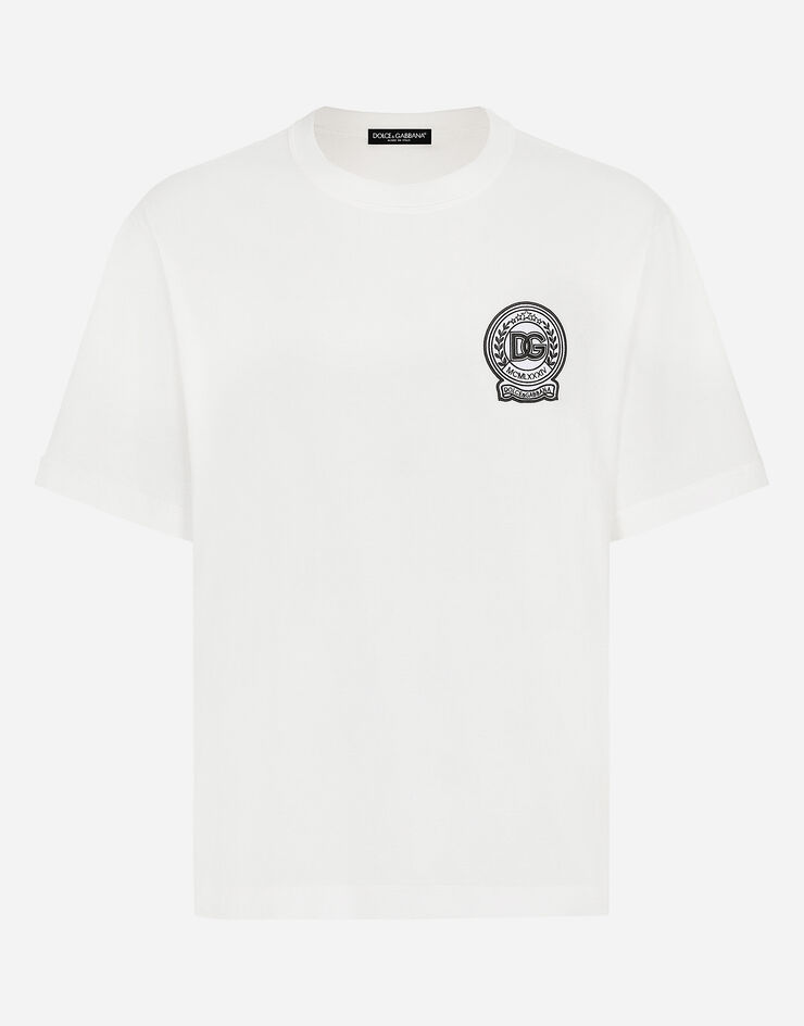 Dolce & Gabbana T-Shirt aus bedruckter Baumwolle mit Logostickerei Weiss G8PN9ZG7NYE