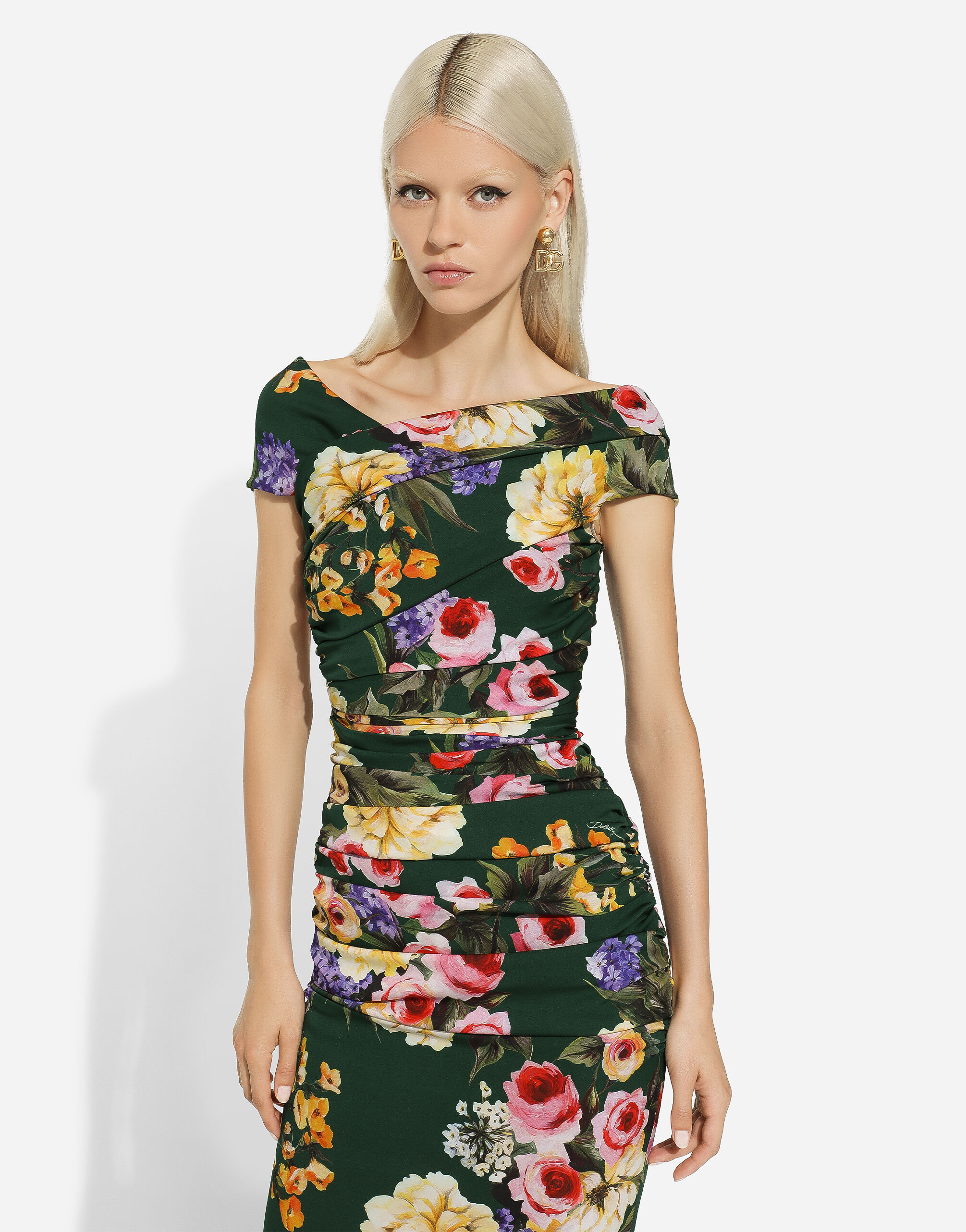 Charmeuse draped sheath dress with garden print in Print for Women Dolce Gabbana