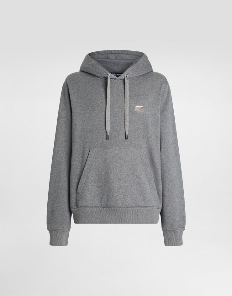 Dolce & Gabbana Felpa con cappuccio in cotone con placca Grigio G9BGPTG7N7B
