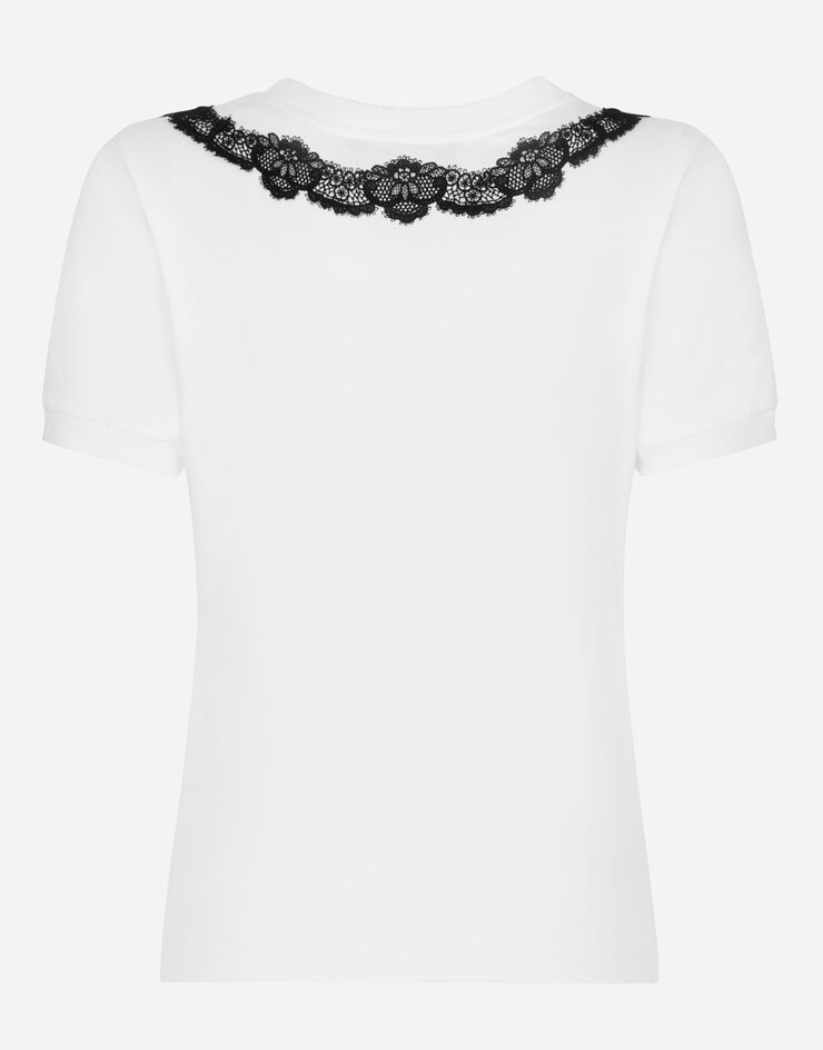 Dolce & Gabbana T-Shirt aus Jersey mit Einsätzen aus Spitze und DG-Logo Weiss F8T00ZG7H1Z