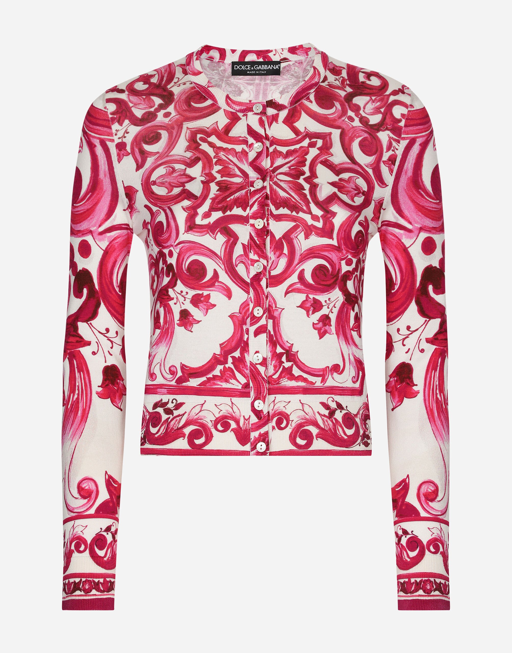 Dolce & Gabbana Crew-neck silk sweater with Majolica print Green FXZ01ZJBSHY