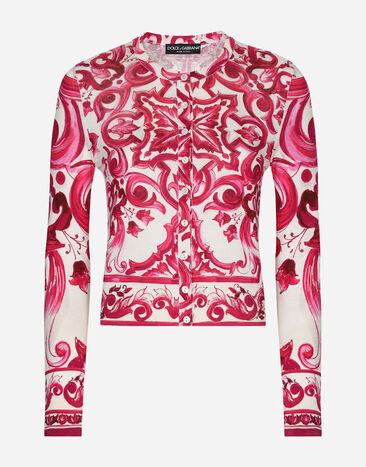 Dolce & Gabbana Crew-neck silk sweater with Majolica print Green FXZ01ZJBSHY