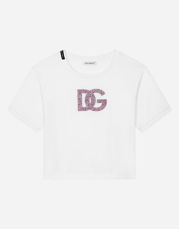 Dolce & Gabbana Jersey T-shirt with rhinestone logo Print L5JTMEG7K4F