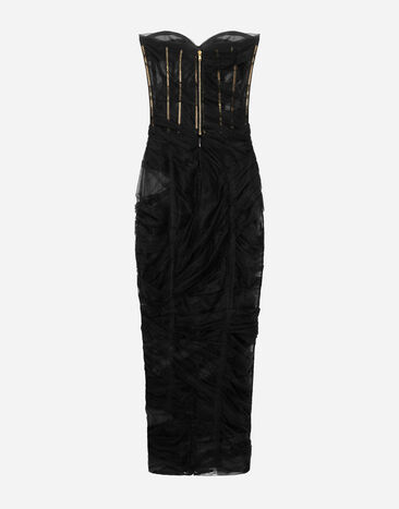 Dolce&Gabbana Tulle calf-length corset dress with draping Black F6DJYTHLUAC