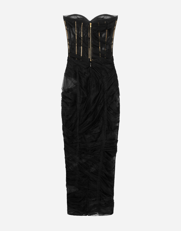 Dolce&Gabbana Tulle calf-length corset dress with draping Black F6DJYTHLUAC