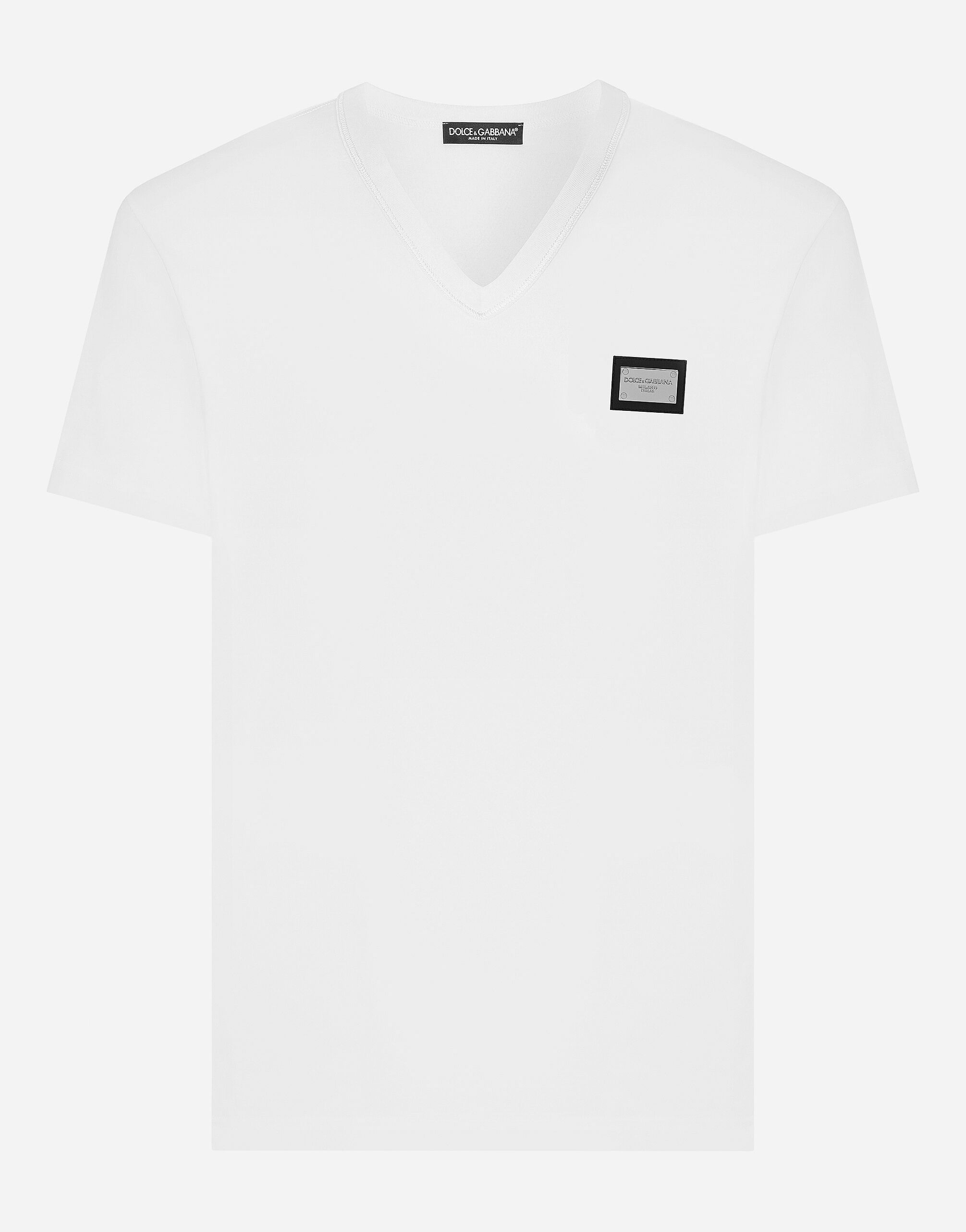 Dolce & Gabbana T-shirt scollo a V cotone con placca logata Nero G5JG4TFU5U8