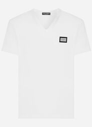 Dolce & Gabbana Cotton V-neck T-shirt with branded tag Black G5JG4TFU5U8