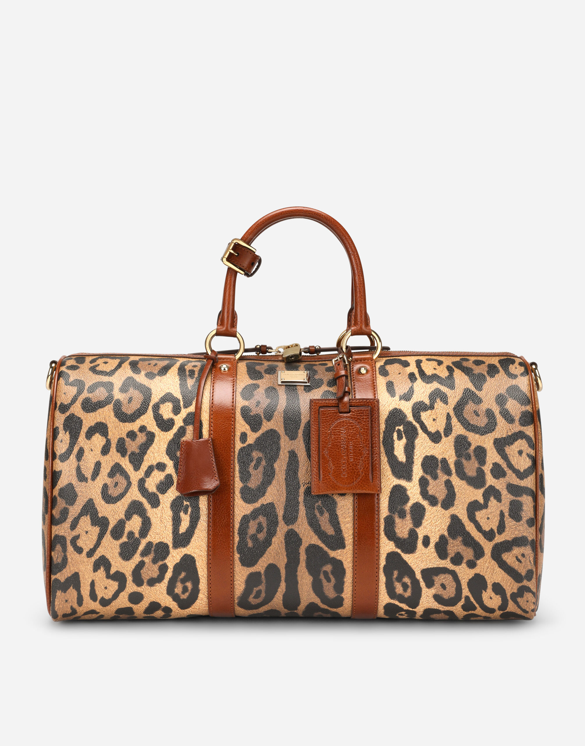 Dolce & Gabbana Bolsa de viaje mediana en crespo estampado leopardo con placa con logotipo Multicolor BB5835AW384