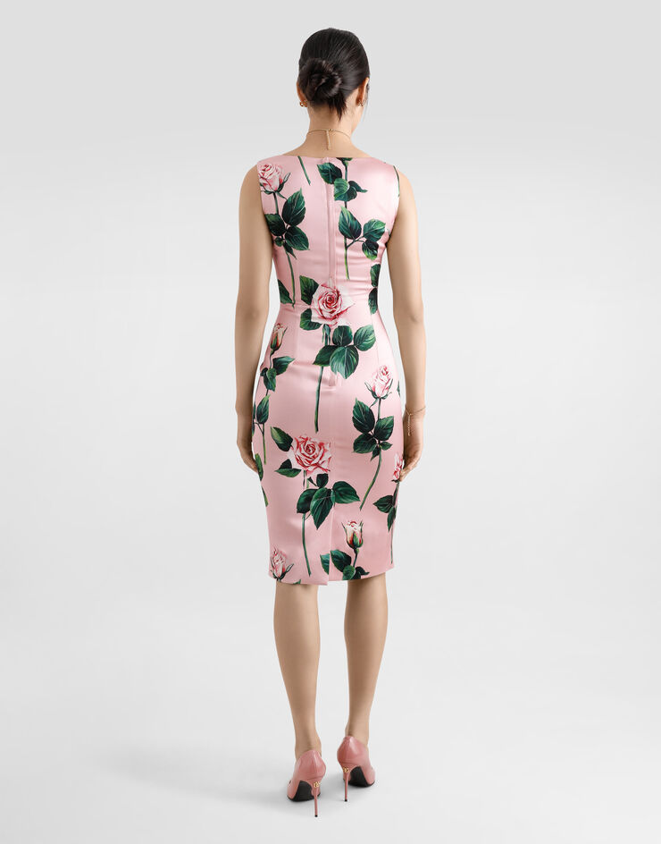 Dolce & Gabbana Satin calf-length sheath dress with rose print Print F6TKZTFSIBT