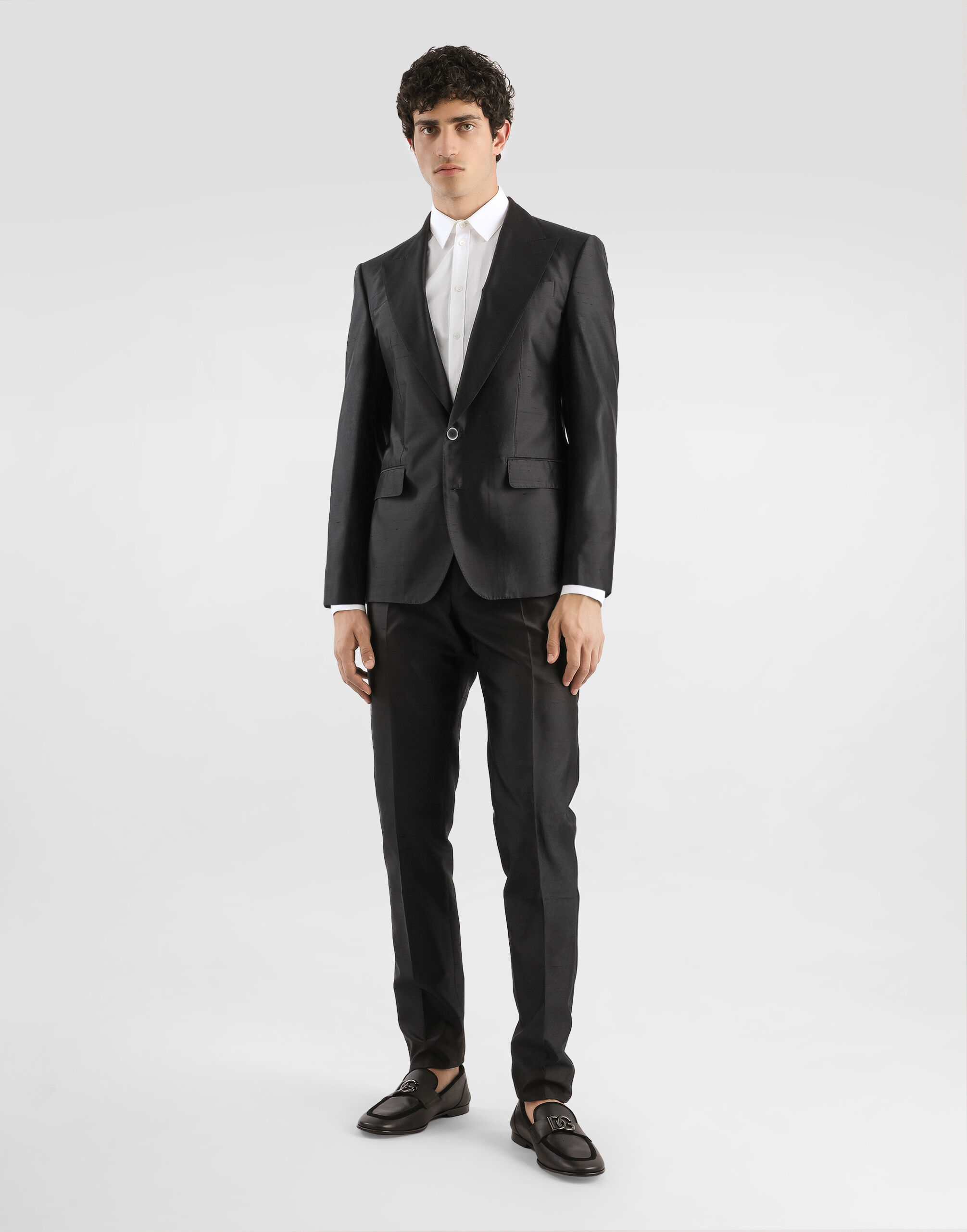 Double-breasted mikado shantung silk suit in Black for Men