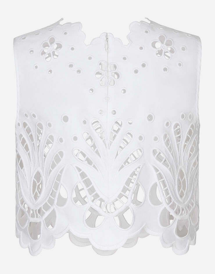 Dolce & Gabbana Kurzes Top aus Baumwolle mit Cut-out-Stickerei Weiss F79FSZGDCJP