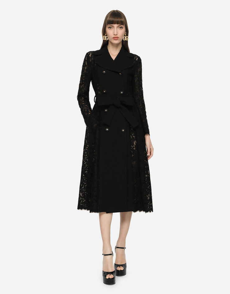 Dolce & Gabbana Abrigo de encaje cordonetto y crepé con cinturón Negro F0B5ATHLMTB