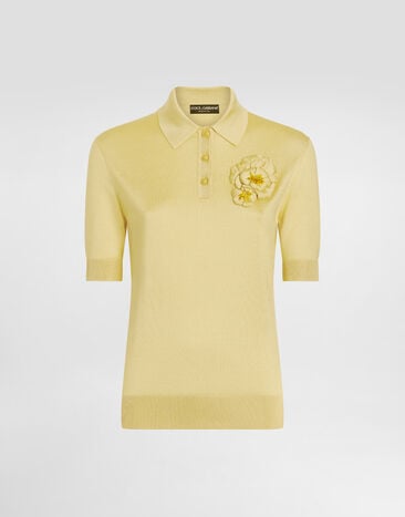 Dolce & Gabbana Polo de seda con broche de flor Amarillo FXZ06ZJBSO1