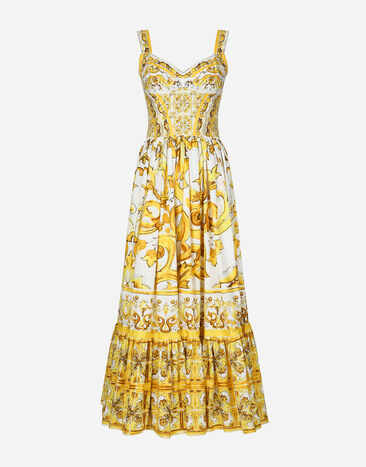 Dolce & Gabbana Calf-length corset dress in majolica-print cotton poplin Print F6ADLTHH5A0