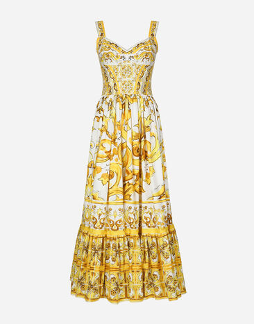 Dolce & Gabbana Calf-length corset dress in majolica-print cotton poplin Print F6AEITHH5A1