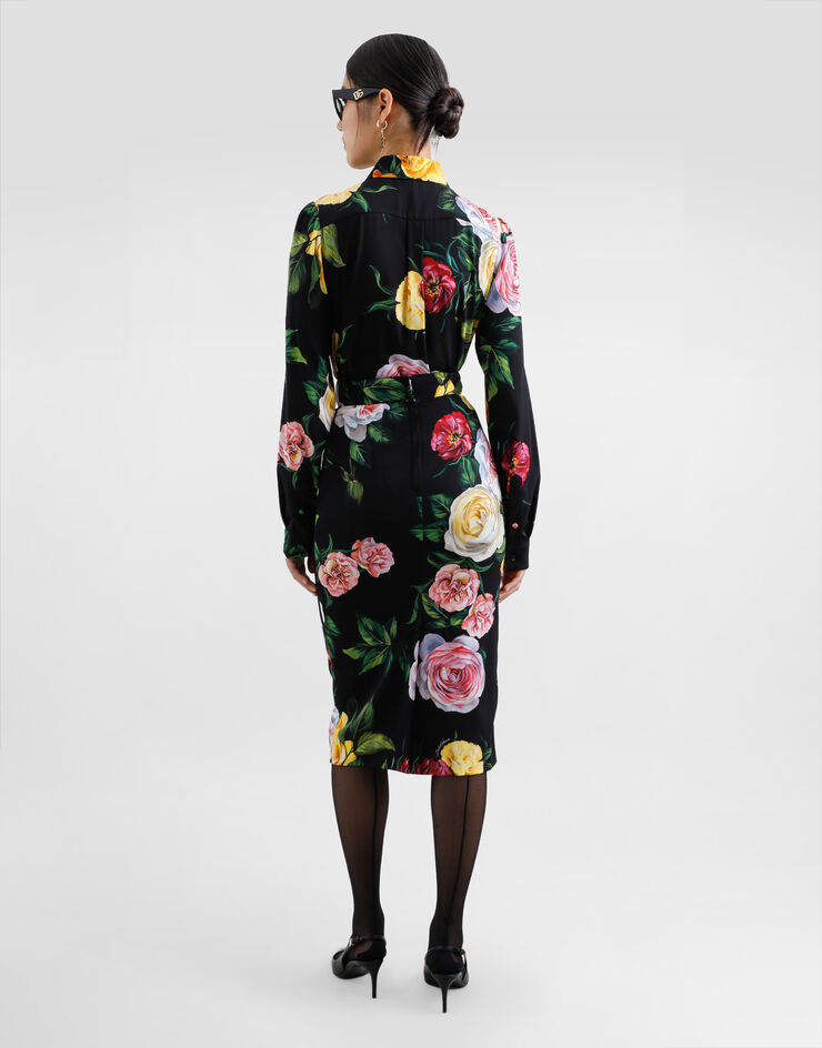 Peony and rose print charmeuse calf length skirt in Print for Women