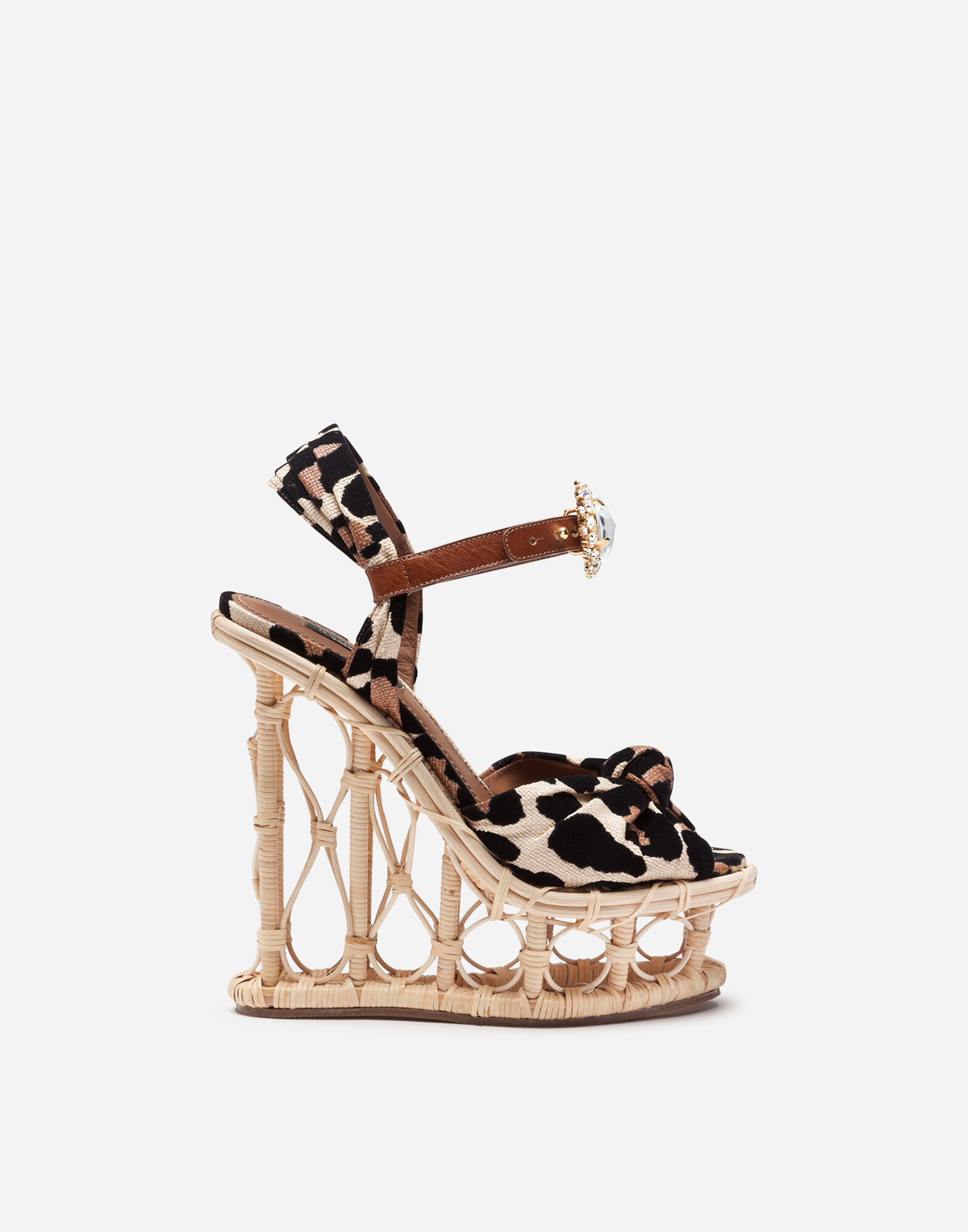 Wedges in wicker and raffia with flocked leopard print and bejeweled buckle