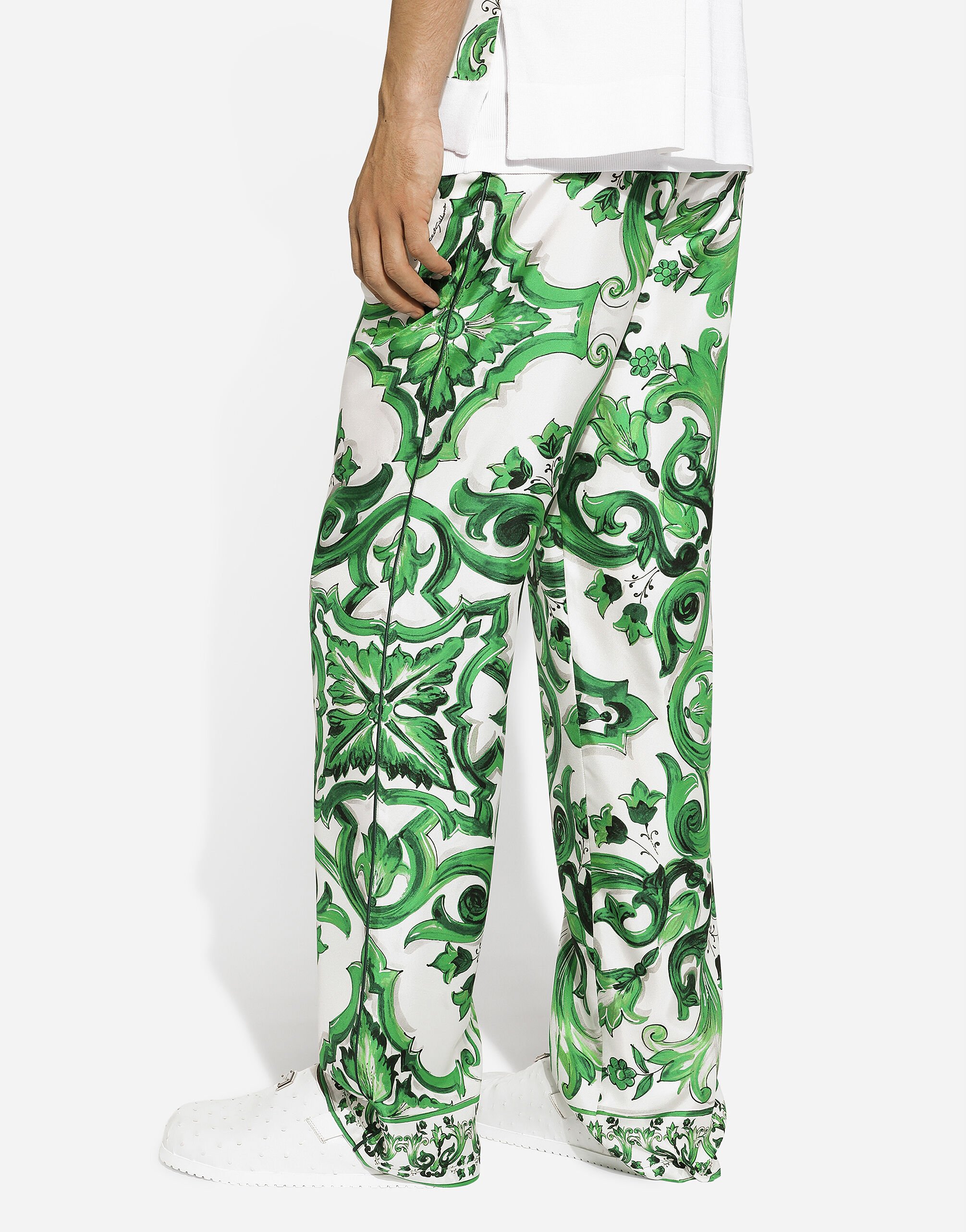 Silk twill jogging pants with majolica print in Print for