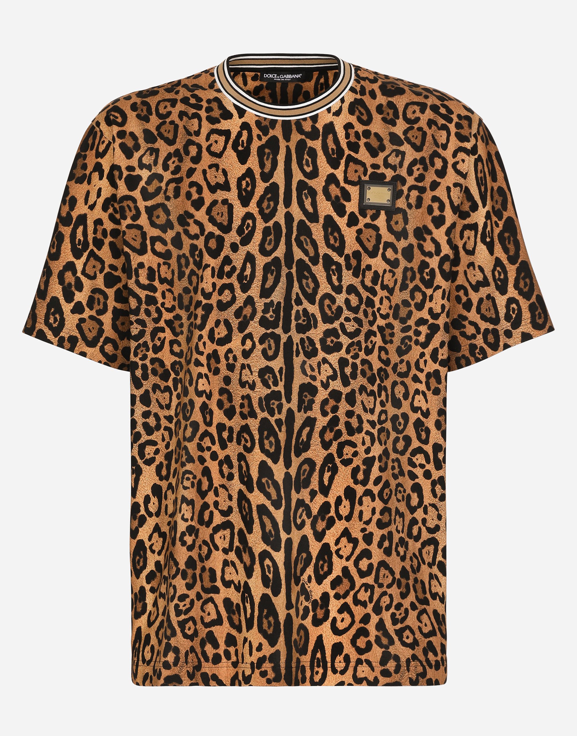 Dolce & Gabbana Round-neck T-shirt with leopard-print Crespo and tag Multicolor G8RK8TG7K3P