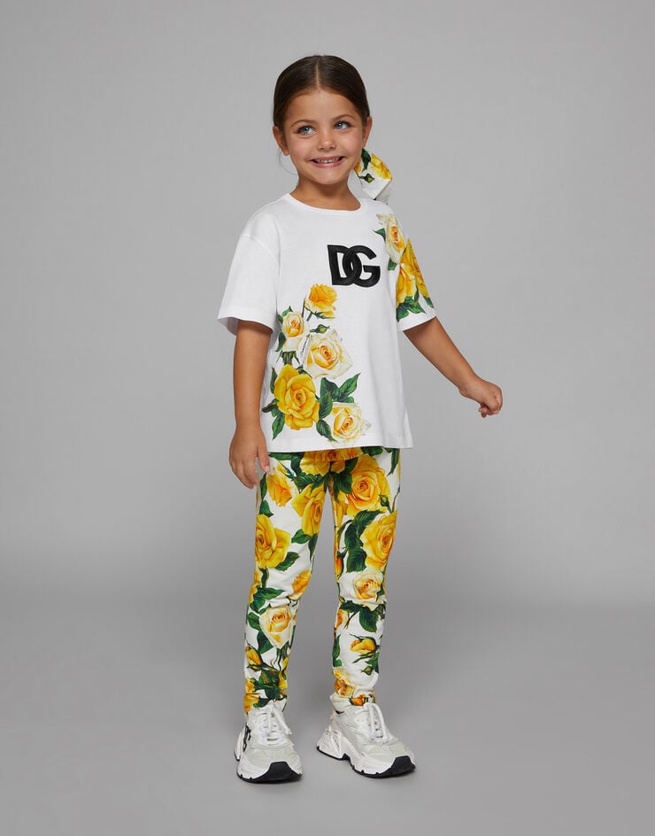 Dolce & Gabbana Jersey T-shirt with yellow rose print and DG logo Print L5JTMEG7K4F