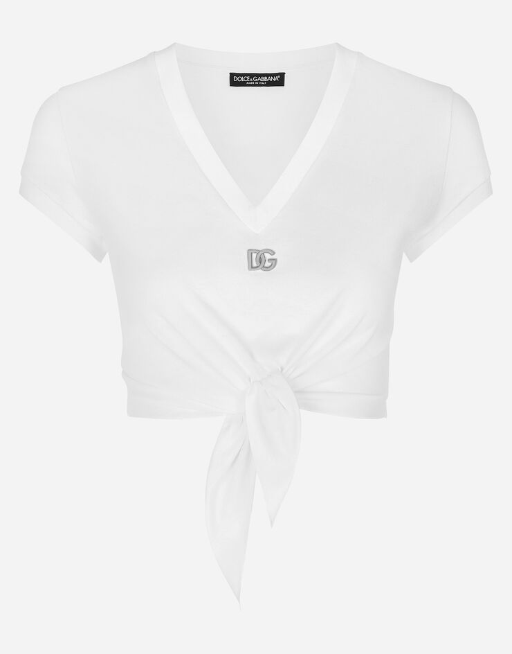 Dolce&Gabbana T-shirt in jersey con nodo e logo DG Bianco F8U06TFU7EQ