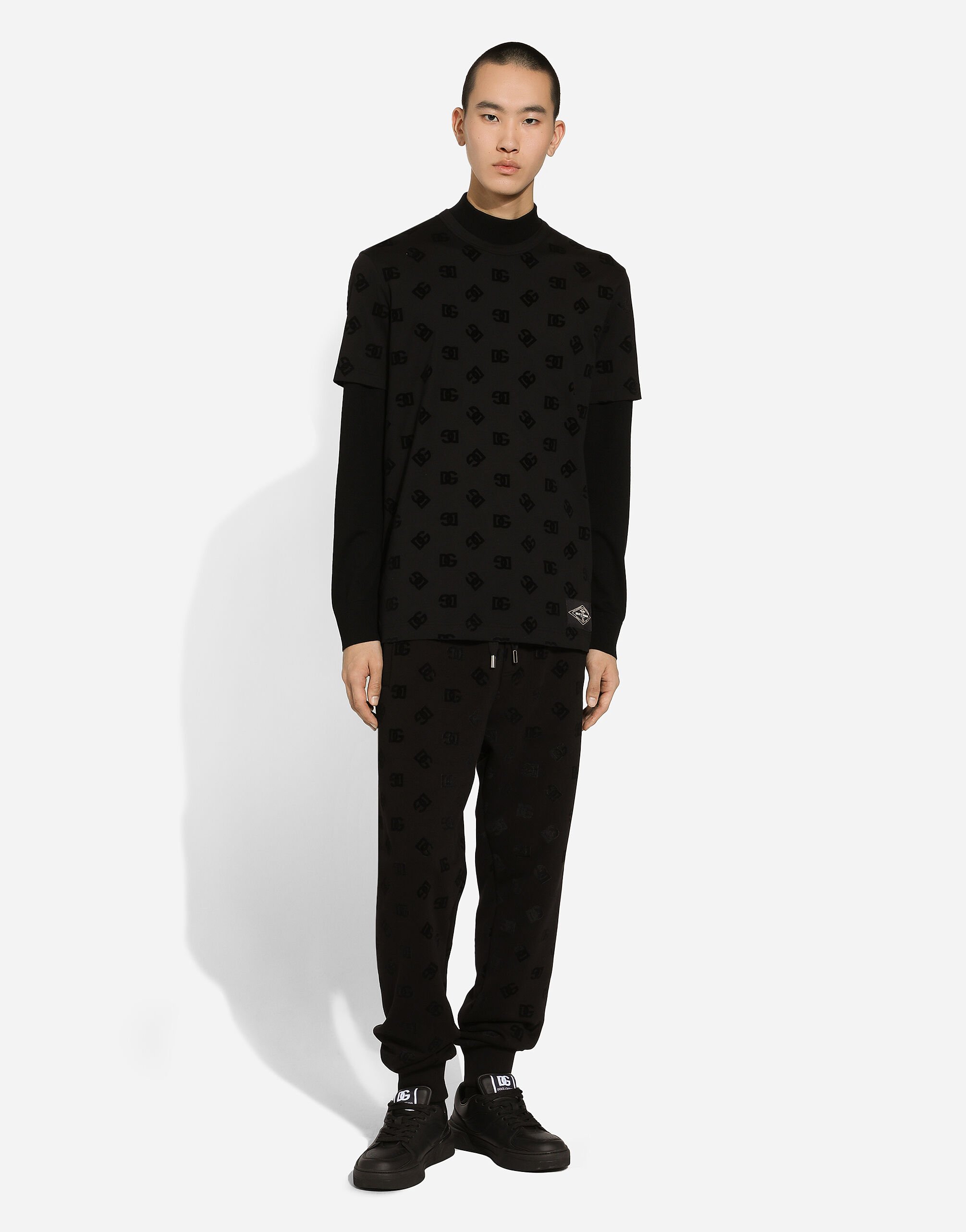 DOLCE & GABBANA ブラック コットン フロントプリント Tシャツ ブラックのメンズ DGフロックプリント コットン Tシャツ