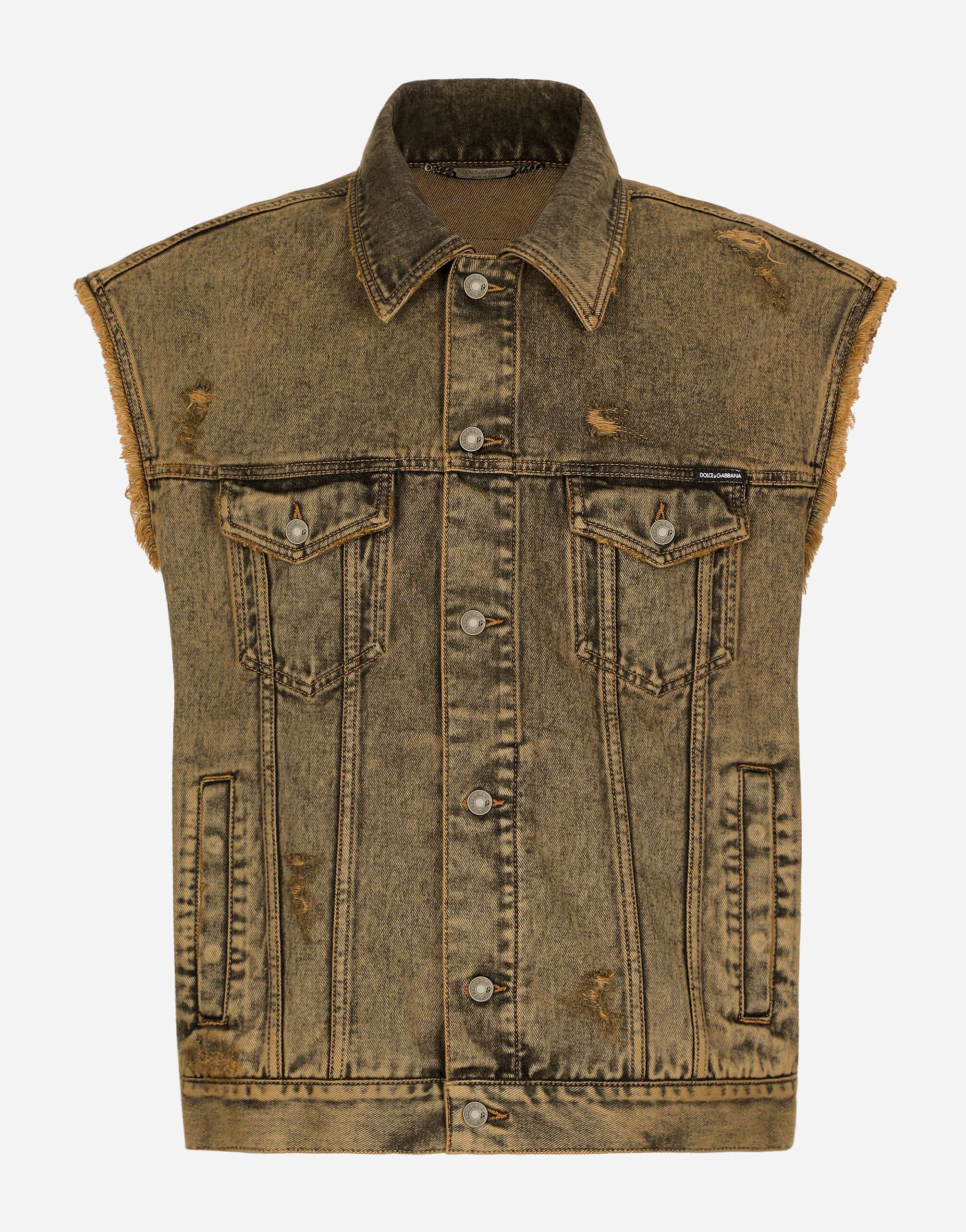 Distressed sleeveless denim jacket store